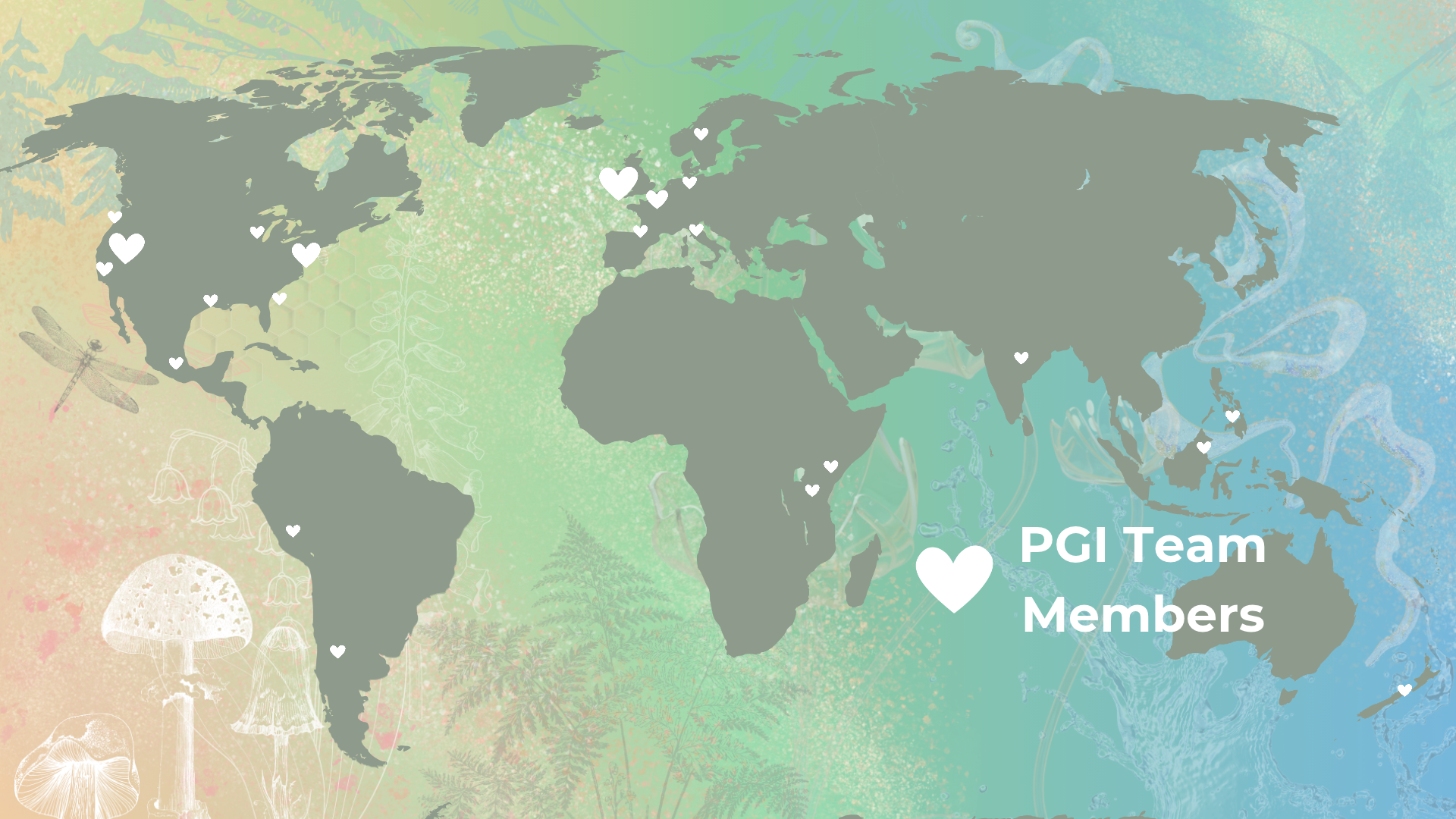 PGI Team Map, with heart icons across a global map indicating where PGI Team Members are based across the world. A grey world map spans a colorful background of nature patterns and elements