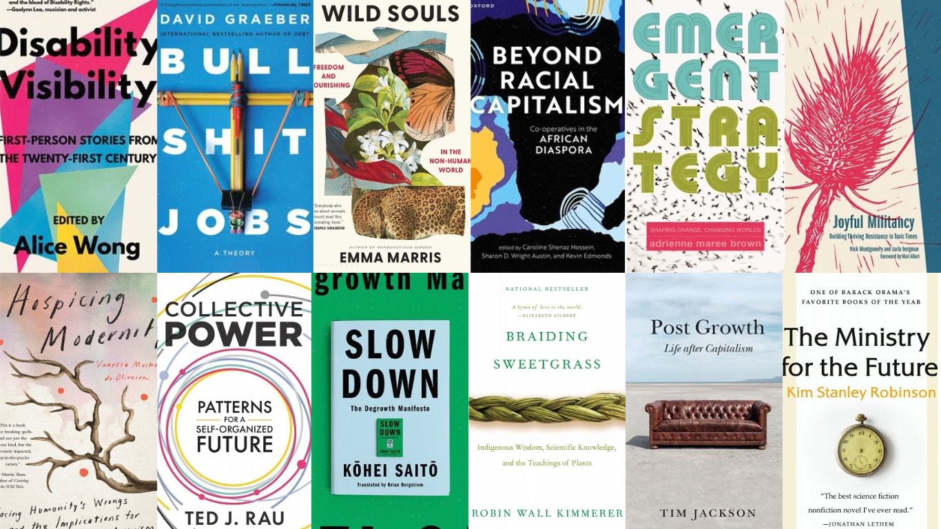 Collage of book covers from the Post Growth Institute Bookshop, including Bullshit Jobs, Slow Down and Post Growth